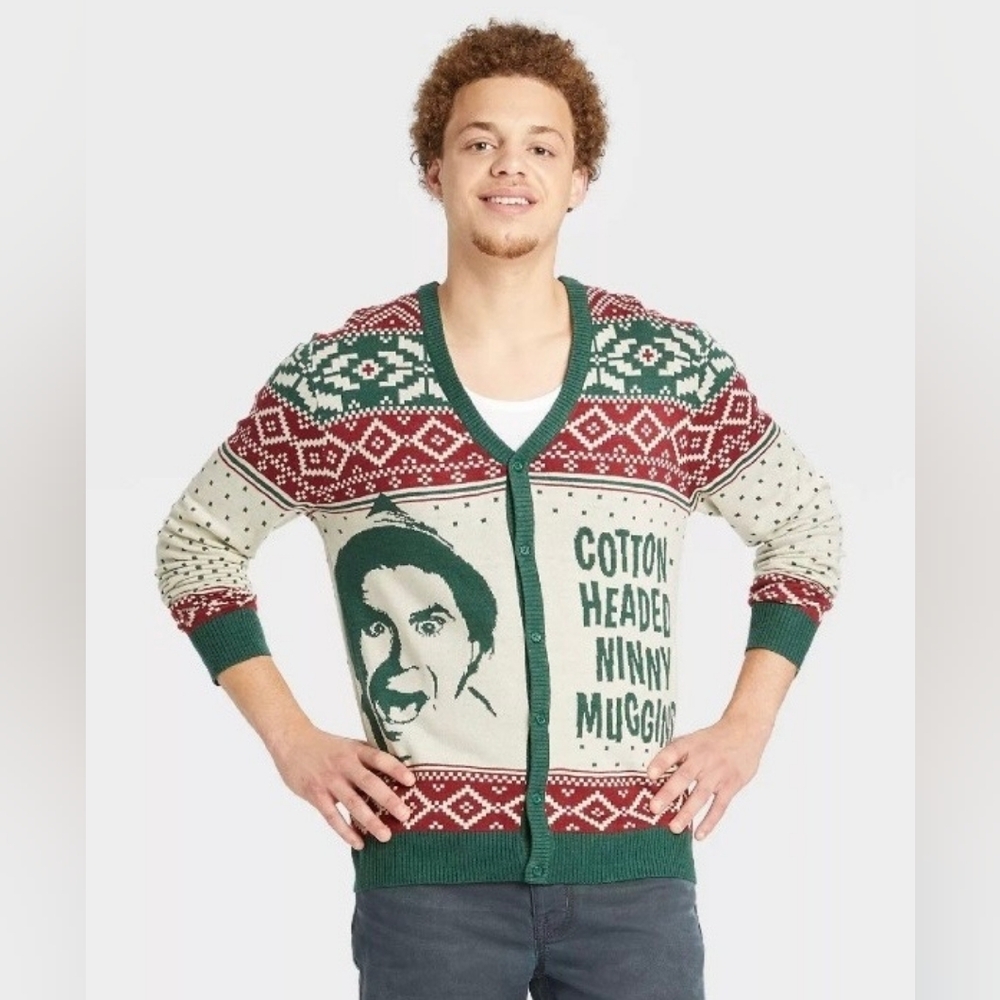 NWOT Elf Cotton-Headed Ninny Muggins Ugly Christmas Cardigan Sweater Men’s Small